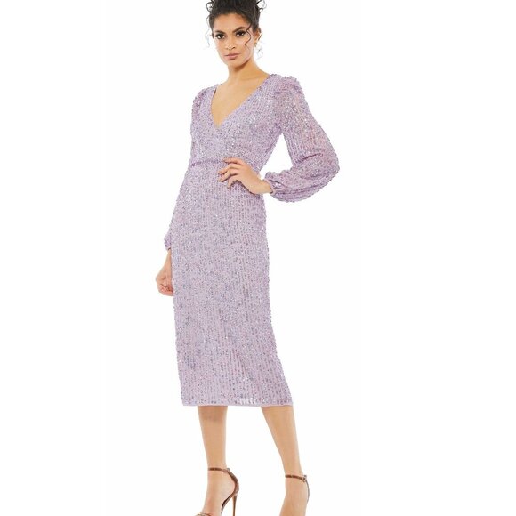 Lavender Mac Duggal Illusion Puff Sleeve V Neck Midi Dress Size 2 Style 107641 - Picture 1 of 6